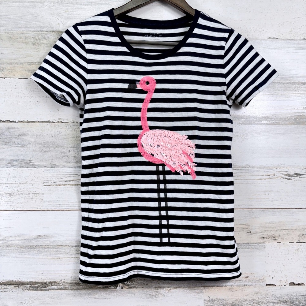 J.Crew Flamingo Sequin Stripe Tee Size XS Navy Blue Short Sleeve Preppy Coastal
